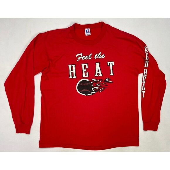 VINTAGE Russell Feel The Red Heat Baseball T-shirt Men Large 90s Single Stitch - Picture 1 of 8